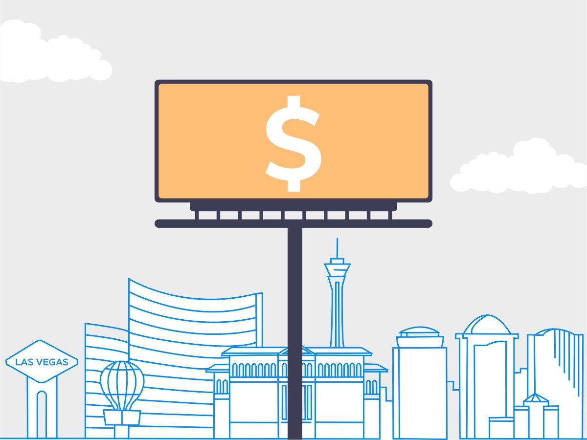 Billboard cost near las vegas strip depicted by a digital drawing of a billboard with an orange background and white dollar sign inside of it. An outline of the Vegas strip skyline are behind.