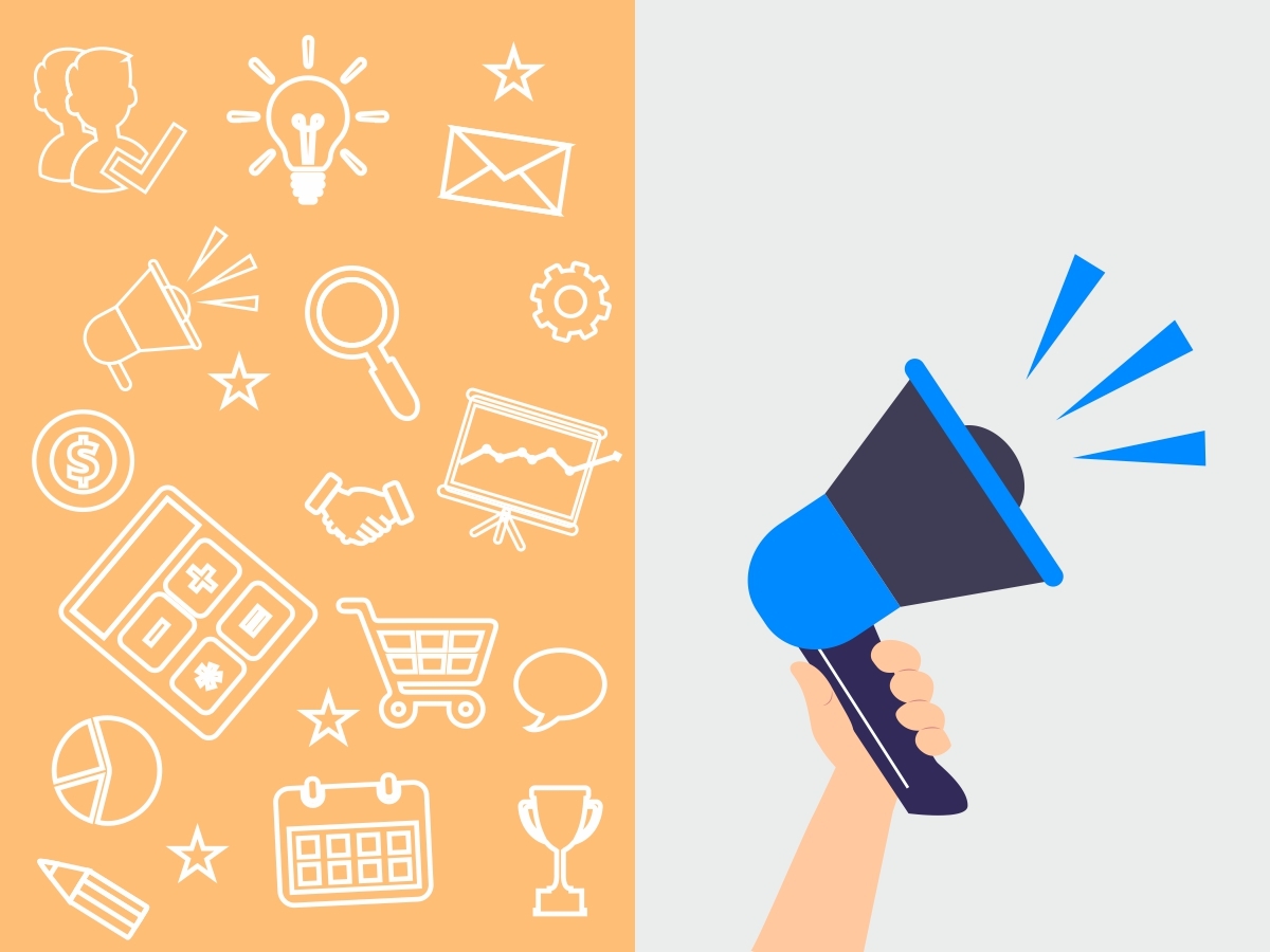 Marketing vs advertising depicted in two columns. Marketing on the left with calendars, shopping cart, speech bubble, icons, and more. Advertising depicted by a hand holding a blue megaphone.