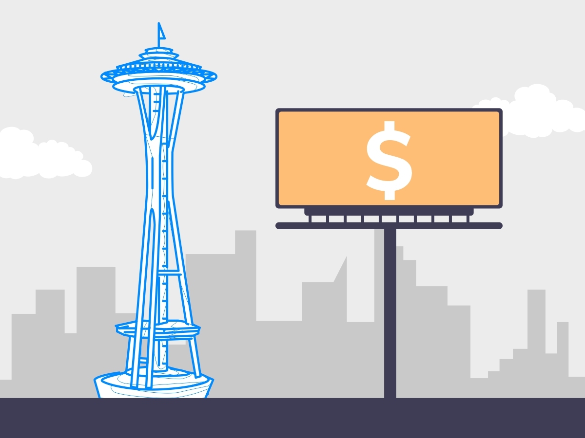 Digital drawing of a billboard near the space needle with a dollar sign inside. a city outline is behind.