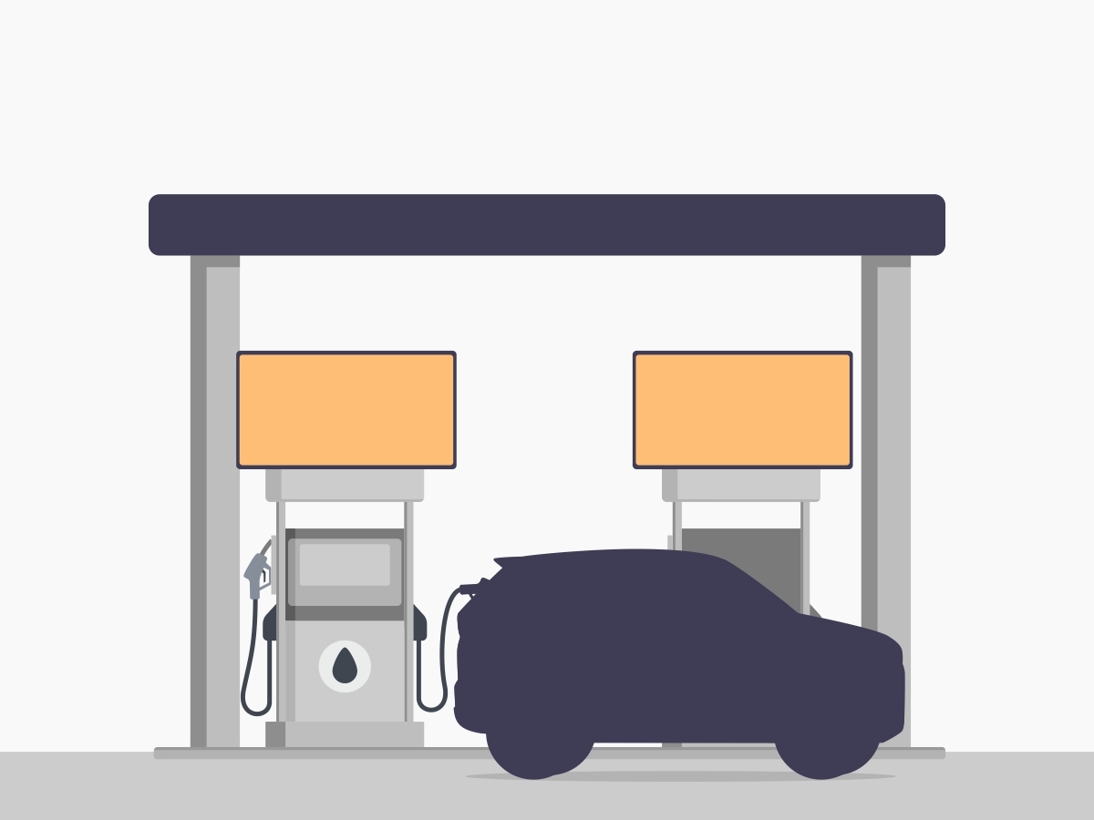 gas station advertising depicted by an outline of a car at a gas station with orange screens above the pumps